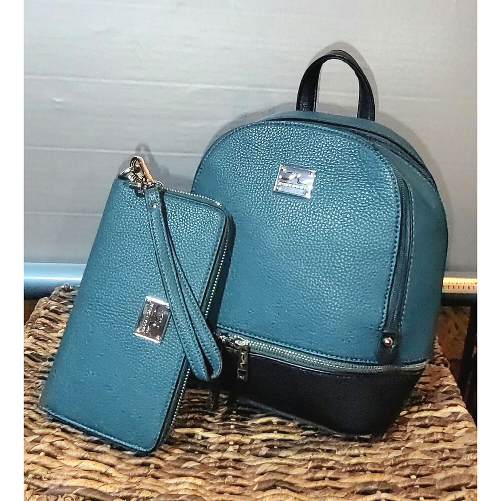Jessica Moore Teal Blue Faux Pebble Leather Backpack, Matching Wallet / Wristlet